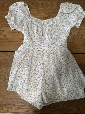 Altar'd State White Floral Romper with Lavender and Yellow Accents